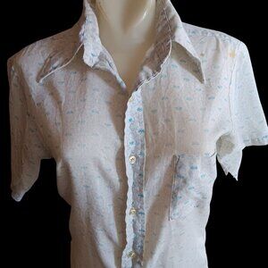 Vintage Women's Medium Shirt Old Man Distress Blue Floral Print Buttery Thin 70s